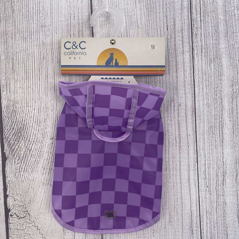 C&C California Dog Rain Coat X-SMALL Purple Checkered Waterproof Hooded Jacket